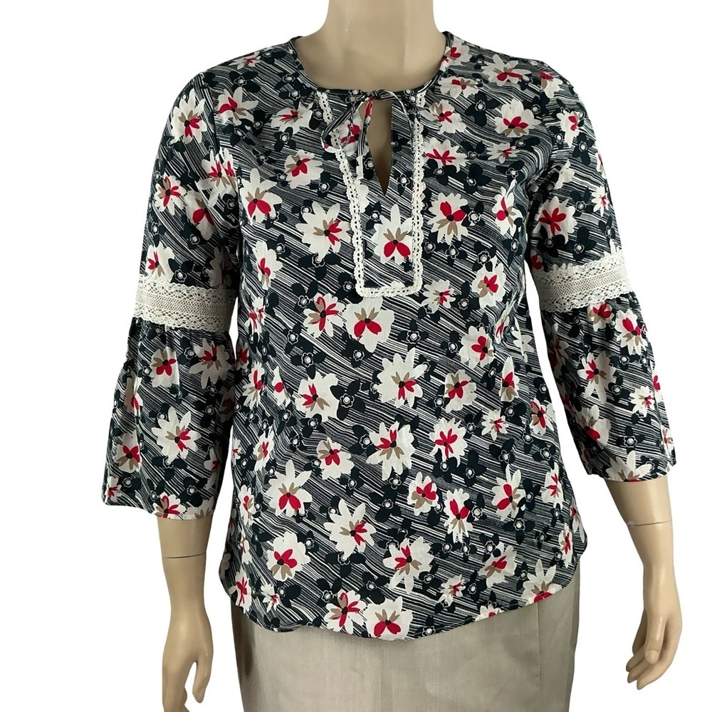 Tommy Hilfiger Floral Boho Peasant Blouse Black Size L